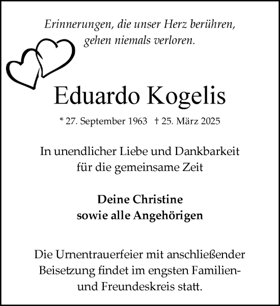Traueranzeige von Eduardo Kogelis von MARKT Bad Oldesloe/Reinfeld und Stormarner Tageblatt