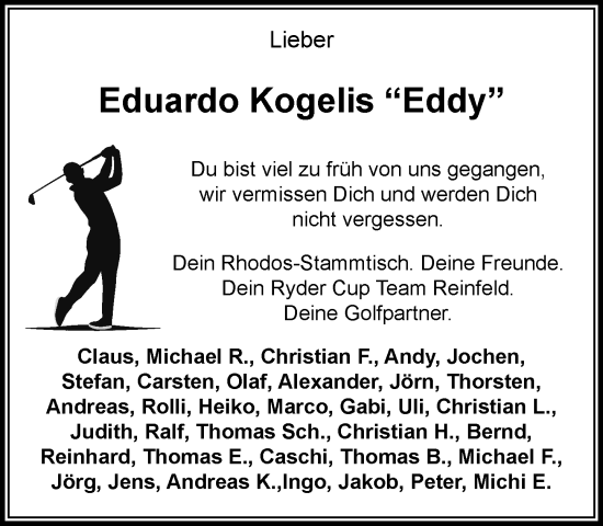 Traueranzeige von Eduardo Kogelis von MARKT Bad Oldesloe/Reinfeld und Stormarner Tageblatt