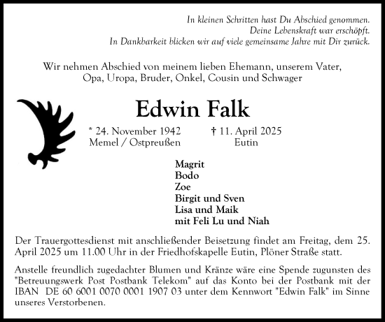 Traueranzeige von Edwin Falk von Ostholsteiner Anzeiger