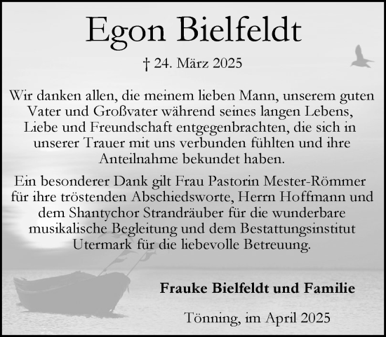 Traueranzeige von Egon Bielfeldt von Husumer Nachrichten, Nordfriesland Tageblatt
