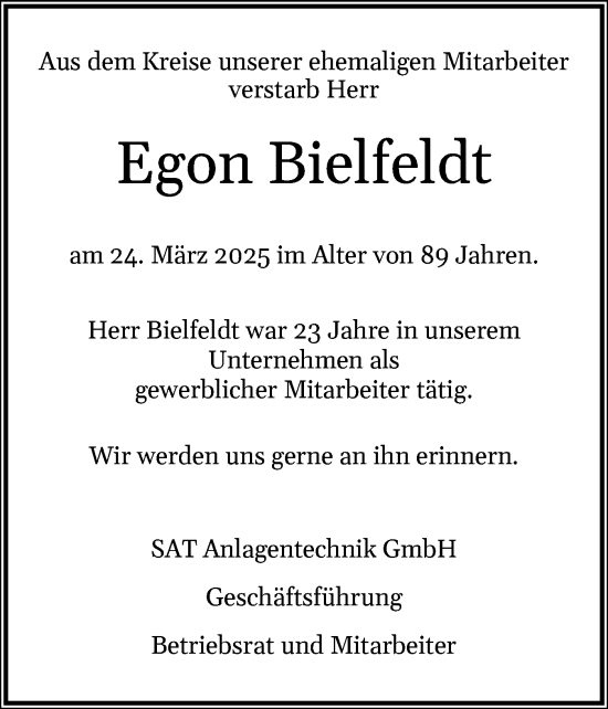 Traueranzeige von Egon Bielfeldt von Husumer Nachrichten, Nordfriesland Tageblatt