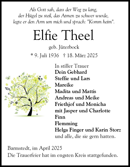 Traueranzeige von Elfie Theel von Elmshorner Nachrichten, Barmstedter Zeitung