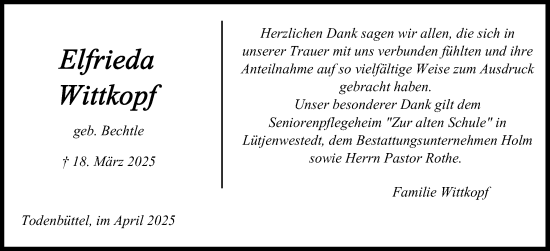 Traueranzeige von Elfrieda Wittkopf von Schleswig-Holsteinische Landeszeitung