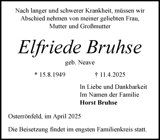 Traueranzeige von Elfriede Bruhse von Schleswig-Holsteinische Landeszeitung