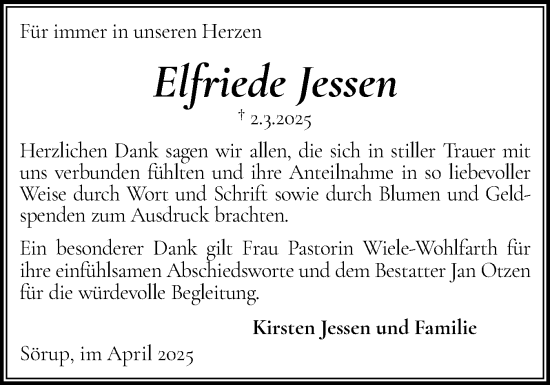 Traueranzeige von Elfriede Jessen von Flensburger Tageblatt