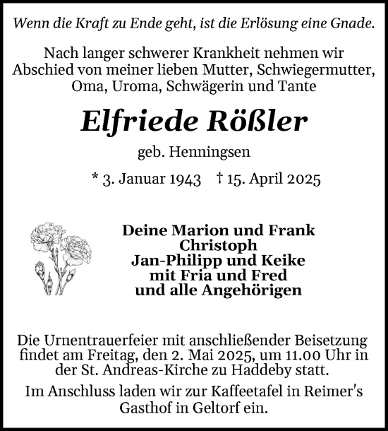 Traueranzeige von Elfriede Rößler von Schleswiger Nachrichten, Schlei-Bote