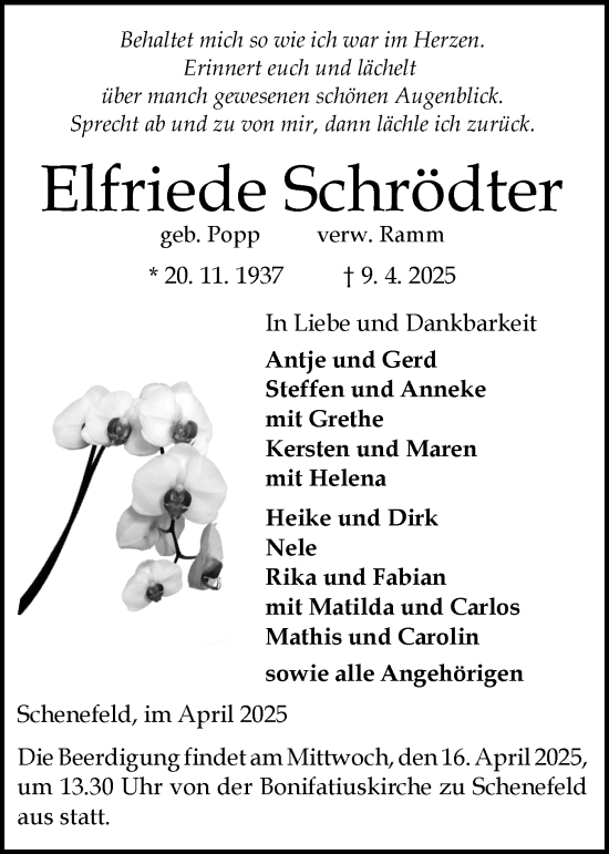 Traueranzeige von Elfriede Schrödter von Schleswig-Holsteinische Landeszeitung
