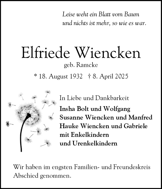 Traueranzeige von Elfriede Wiencken von Elmshorner Nachrichten, Barmstedter Zeitung