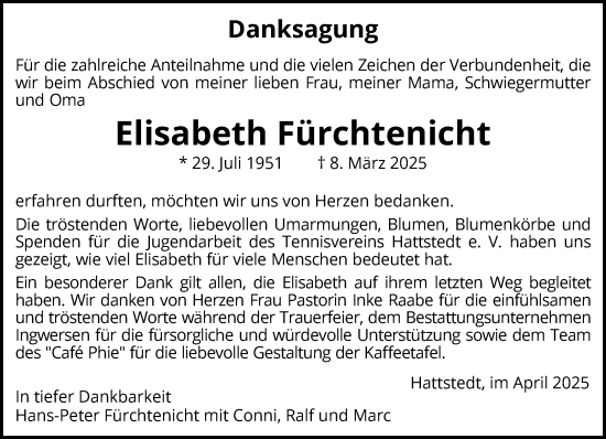 Traueranzeige von Elisabeth Fürchtenicht von Husumer Nachrichten, Nordfriesland Tageblatt