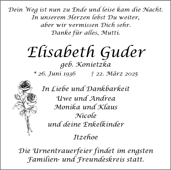 Traueranzeige von Elisabeth Guder von Norddeutsche Rundschau, Wilstersche Zeitung, Glückstädter Fortuna
