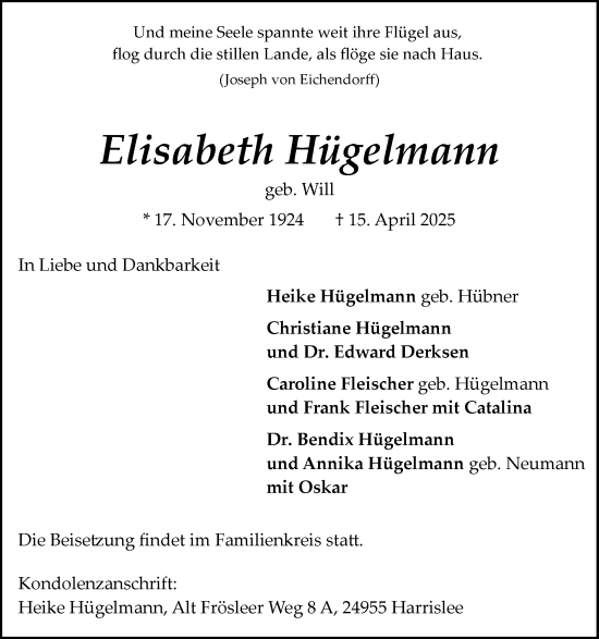 Traueranzeige von Elisabeth Hügelmann von Flensburger Tageblatt