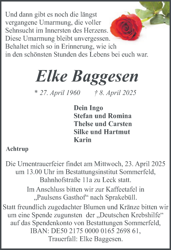 Traueranzeige von Elke Baggesen von Husumer Nachrichten, Nordfriesland Tageblatt