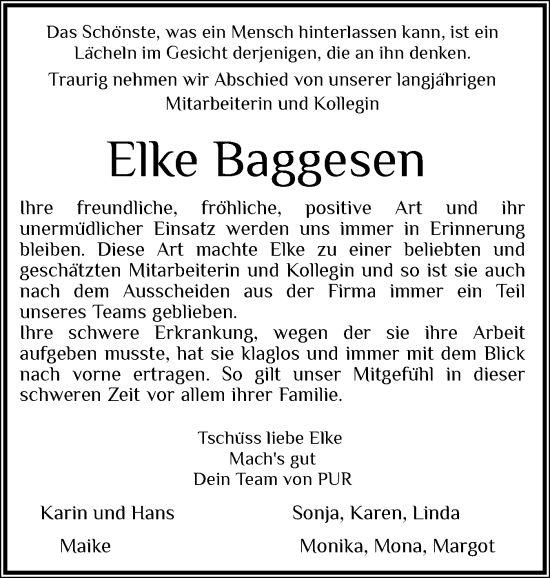 Traueranzeige von Elke Baggesen von Husumer Nachrichten, Nordfriesland Tageblatt