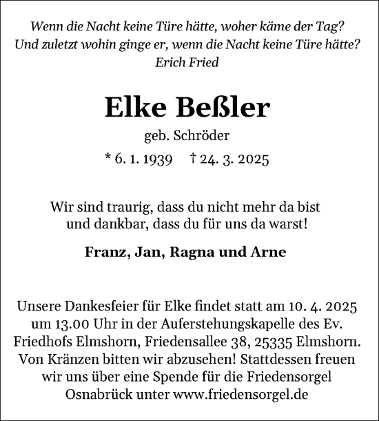 Traueranzeige von Elke Beßler von Region Pinneberg und tip Pinneberg