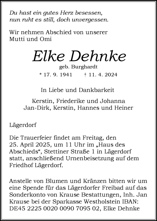 Traueranzeige von Elke Dehnke von Norddeutsche Rundschau, Wilstersche Zeitung, Glückstädter Fortuna