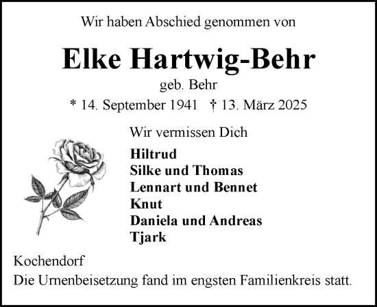 Traueranzeige von Elke Hartwig-Behr von Eckernförder Zeitung
