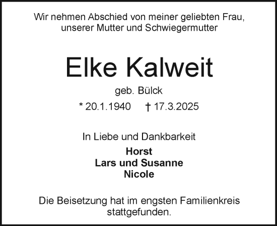 Traueranzeige von Elke Kalweit von Holsteinischer Courier
