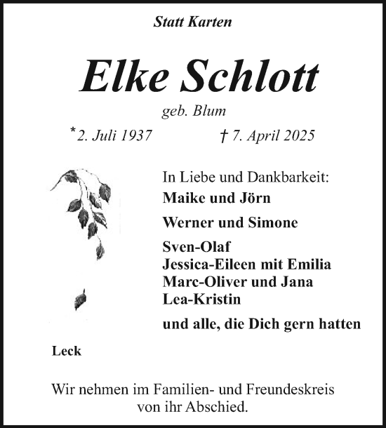 Traueranzeige von Elke Schlott von Husumer Nachrichten, Nordfriesland Tageblatt