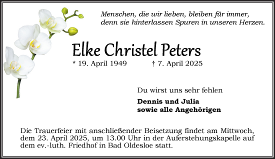 Traueranzeige von Elke Christel Peters von MARKT Bad Oldesloe/Reinfeld und Stormarner Tageblatt