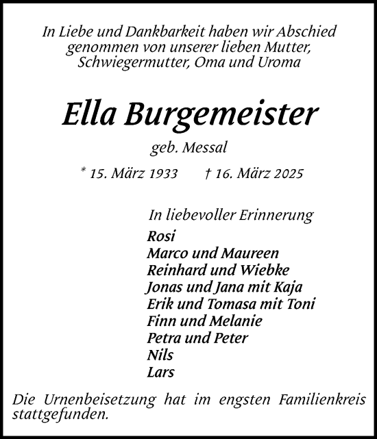 Traueranzeige von Ella Burgemeister von Region Pinneberg und tip Pinneberg