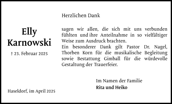 Traueranzeige von Elly Karnowski von Uetersener Nachrichten, Der tip am Wochenende