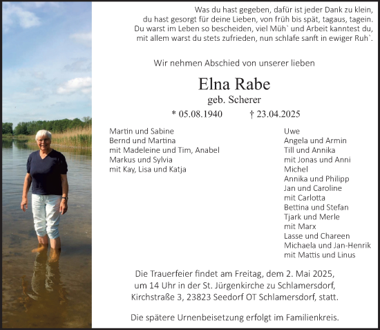 Traueranzeige von Elna Rabe von Ostholsteiner Anzeiger