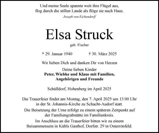 Traueranzeige von Elsa Struck von Schleswig-Holsteinische Landeszeitung