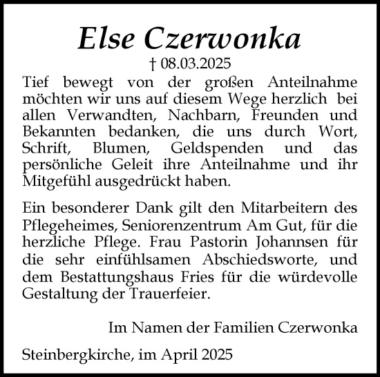 Traueranzeige von Else Czerwonka von Flensburger Tageblatt