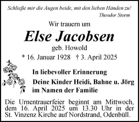 Traueranzeige von Else Jacobsen von Husumer Nachrichten, Nordfriesland Tageblatt