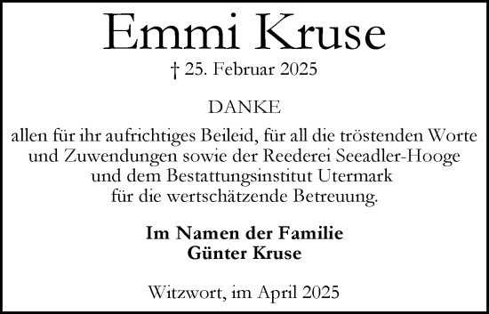 Traueranzeige von Emmi Kruse von Husumer Nachrichten, Nordfriesland Tageblatt