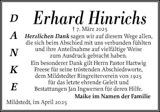 Traueranzeige von Erhard Hinrichs von Husumer Nachrichten, Nordfriesland Tageblatt