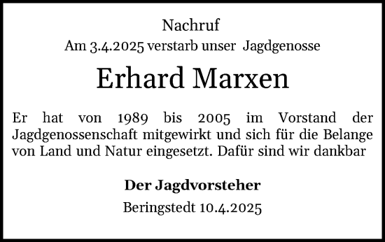 Traueranzeige von Erhard Marxen von Schleswig-Holsteinische Landeszeitung