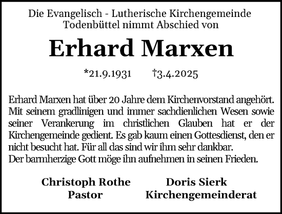 Traueranzeige von Erhard Marxen von Schleswig-Holsteinische Landeszeitung