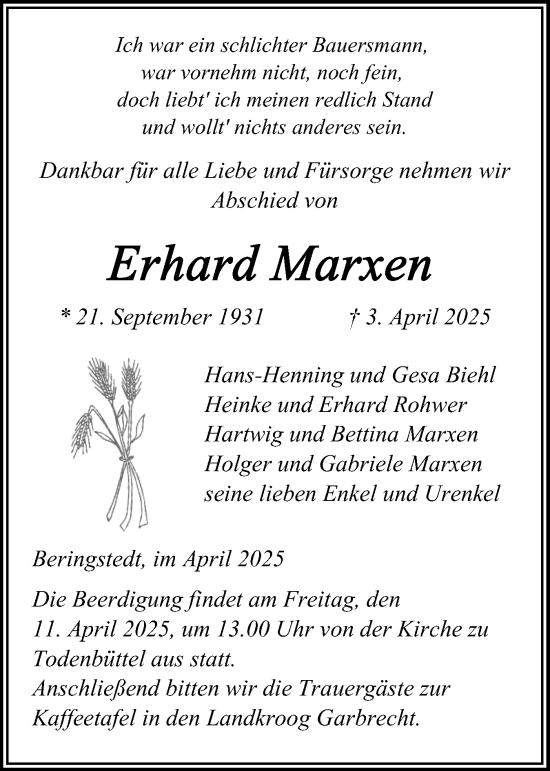 Traueranzeige von Erhard Marxen von Schleswig-Holsteinische Landeszeitung