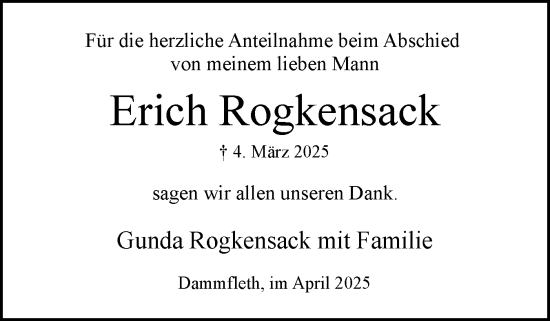 Traueranzeige von Erich Rogkensack von Norddeutsche Rundschau, Wilstersche Zeitung, Glückstädter Fortuna