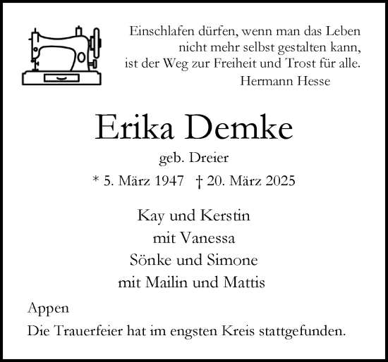 Traueranzeige von Erika Demke von Region Pinneberg und tip Pinneberg