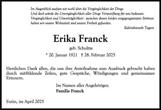 Traueranzeige von Erika Franck von Ostholsteiner Anzeiger