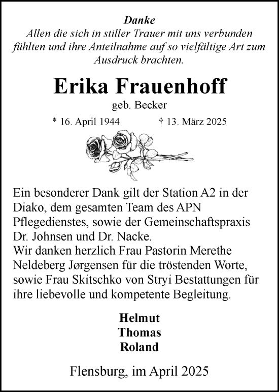 Traueranzeige von Erika Frauenhoff von Flensburger Tageblatt