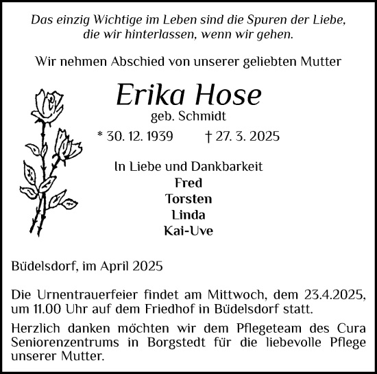 Traueranzeige von Erika Hose von Schleswig-Holsteinische Landeszeitung