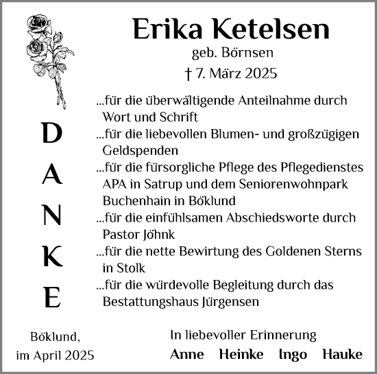 Traueranzeige von Erika Ketelsen von Region Flensburg
