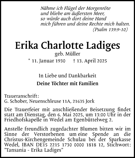 Traueranzeige von Erika  Ladiges von Wedel-Schulauer Tageblatt, tip Wedel-Schulauer Tageblatt, tip Rissener Rundschau