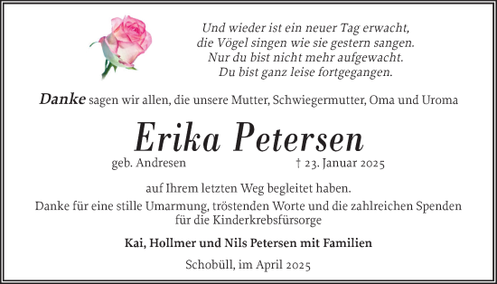 Traueranzeige von Erika Petersen von Husumer Nachrichten, Nordfriesland Tageblatt