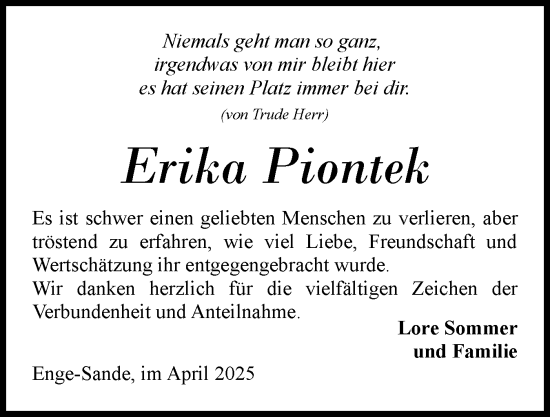 Traueranzeige von Erika Piontek von Region Flensburg