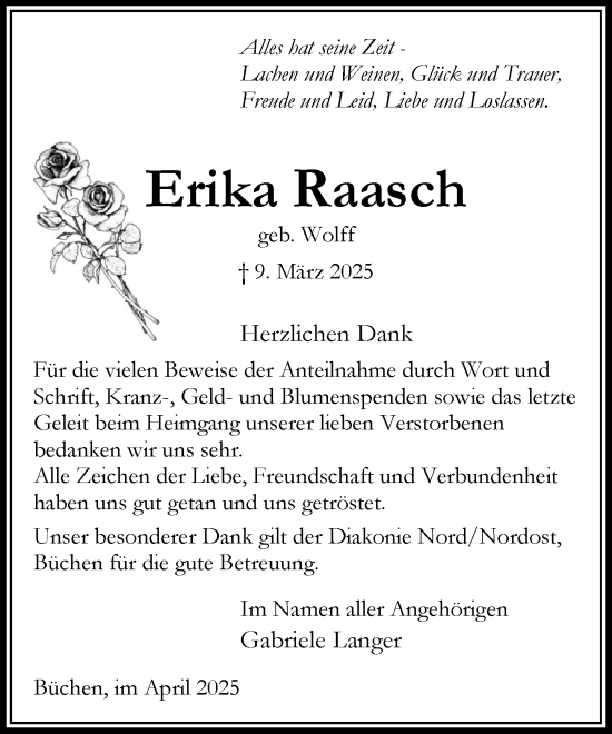 Traueranzeige von Erika Raasch von Wochenend Anzeiger