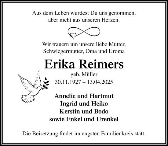 Traueranzeige von Erika Reimers von MARKT Ratzeburg/Mölln