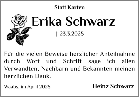 Traueranzeige von Erika Schwarz von Eckernförder Zeitung, Hallo Eckernförde