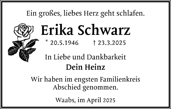 Traueranzeige von Erika Schwarz von Eckernförder Zeitung, Hallo Eckernförde