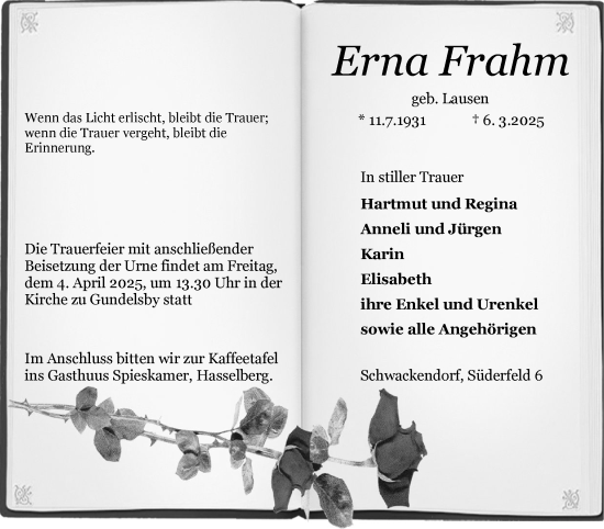 Traueranzeige von Erna Frahm von Schleswiger Nachrichten, Schlei-Bote