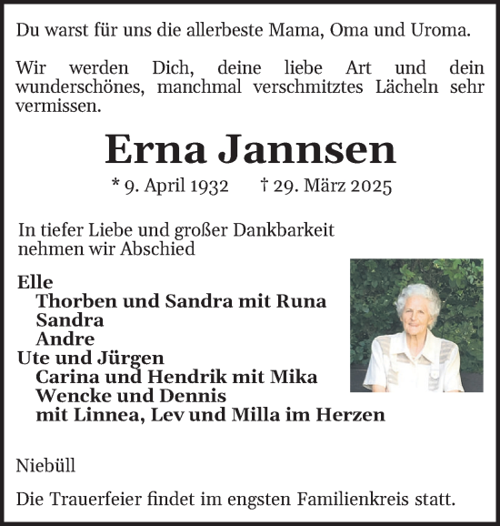 Traueranzeige von Erna Jannsen von Husumer Nachrichten, Nordfriesland Tageblatt