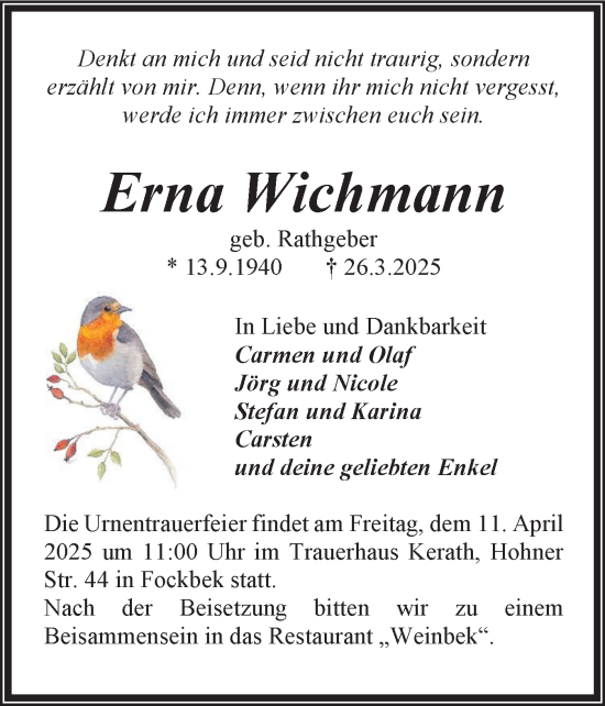 Traueranzeige von Erna Wichmann von Schleswig-Holsteinische Landeszeitung